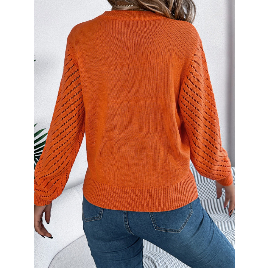 Openwork Round Neck Long Sleeve Knit Top Apparel and Accessories