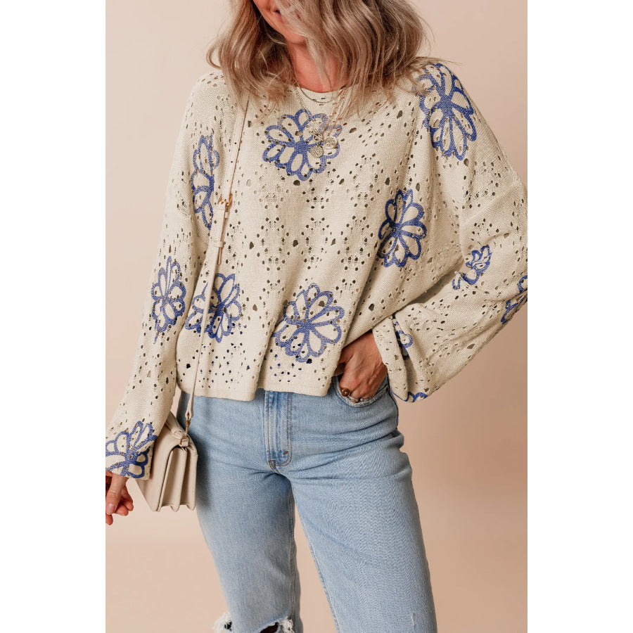 Openwork Round Neck Long Sleeve Knit Top Beige / S Apparel and Accessories