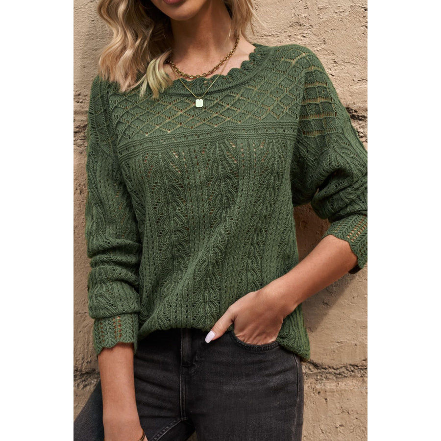 Openwork Round Neck Long Sleeve Knit Top Dark Green / S Apparel and Accessories