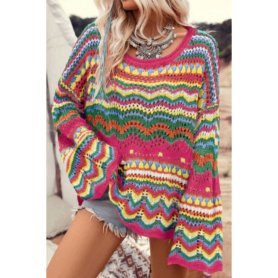 Openwork Round Neck Long Sleeve Knit Top Deep Rose / S Apparel and Accessories