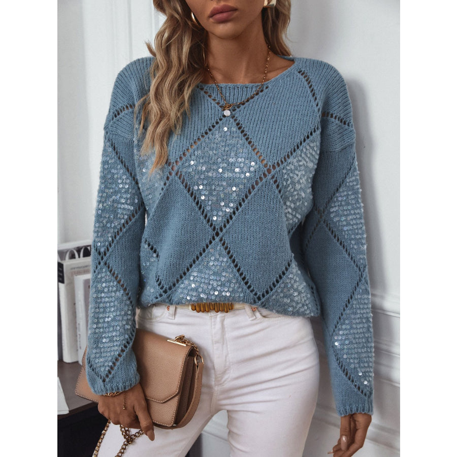 Openwork Round Neck Long Sleeve Knit Top Dusty Blue / S Apparel and Accessories