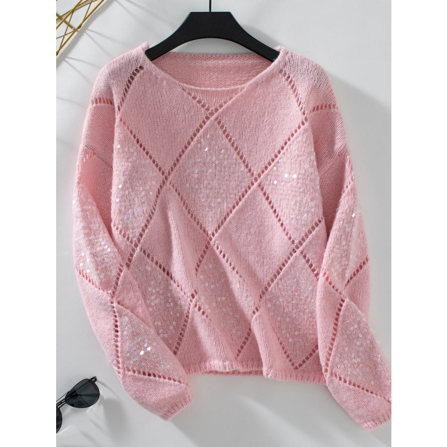 Openwork Round Neck Long Sleeve Knit Top Dusty Pink / S Apparel and Accessories