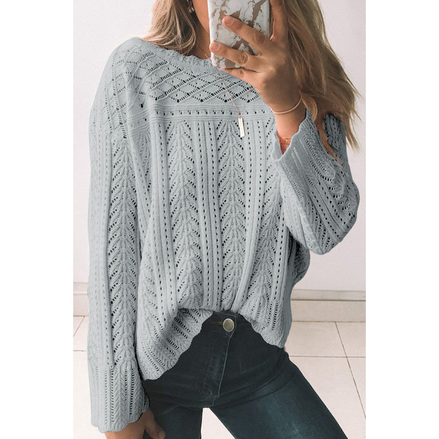 Openwork Round Neck Long Sleeve Knit Top Gray / S Apparel and Accessories