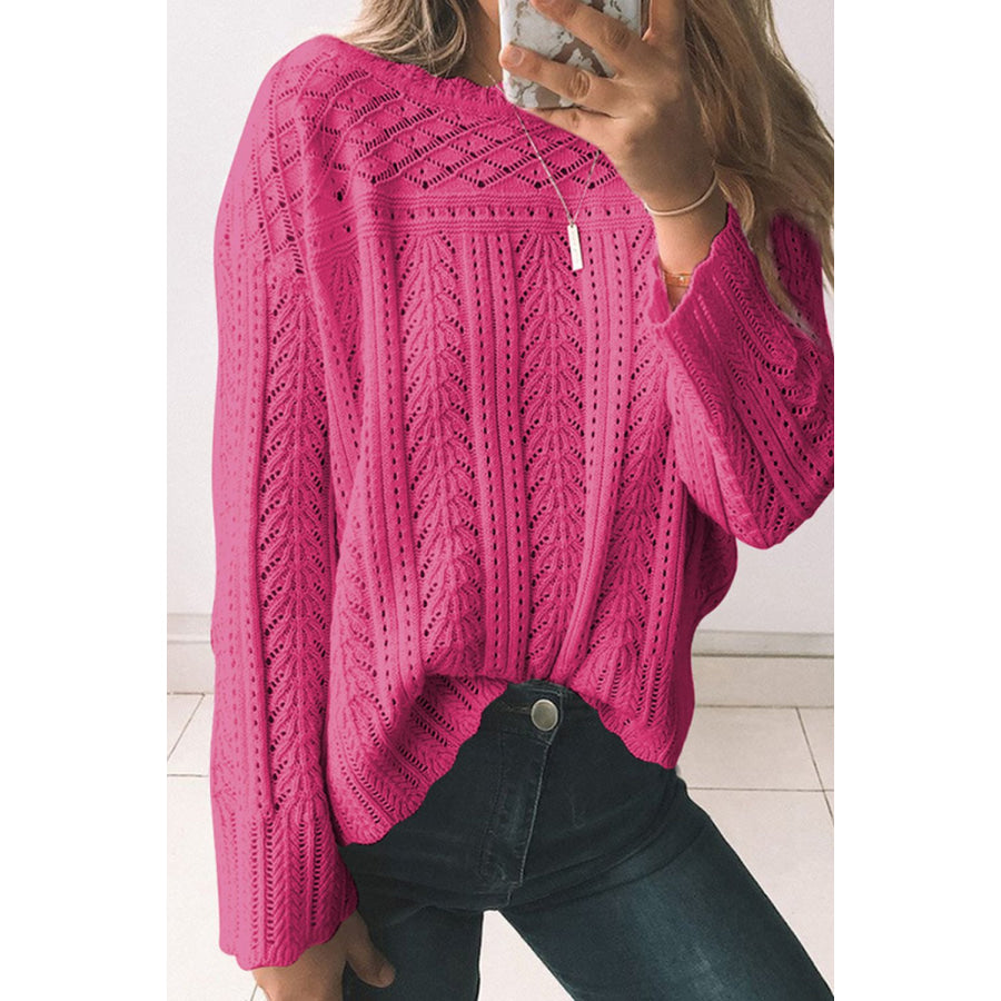 Openwork Round Neck Long Sleeve Knit Top Hot Pink / S Apparel and Accessories