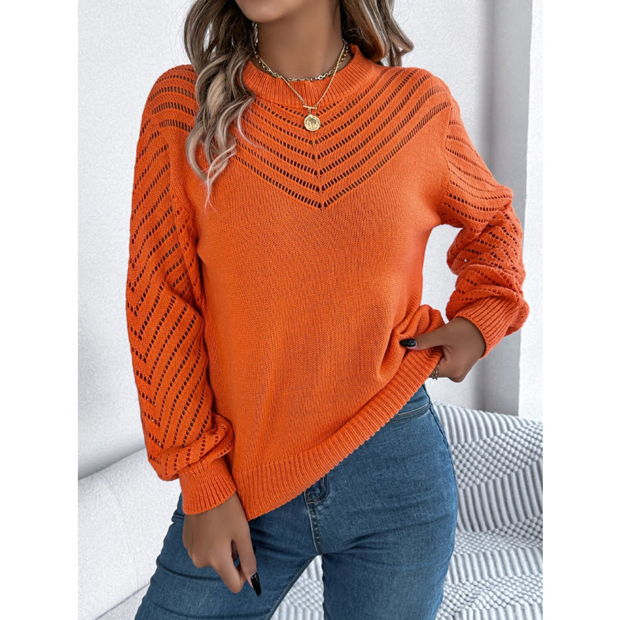 Openwork Round Neck Long Sleeve Knit Top Orange / S Apparel and Accessories