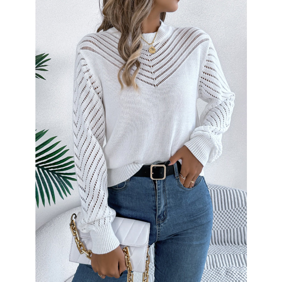 Openwork Round Neck Long Sleeve Knit Top White / S Apparel and Accessories