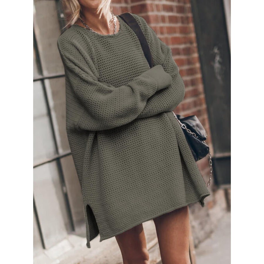 Openwork Round Neck Long Sleeve Slit Sweater Army Green / S