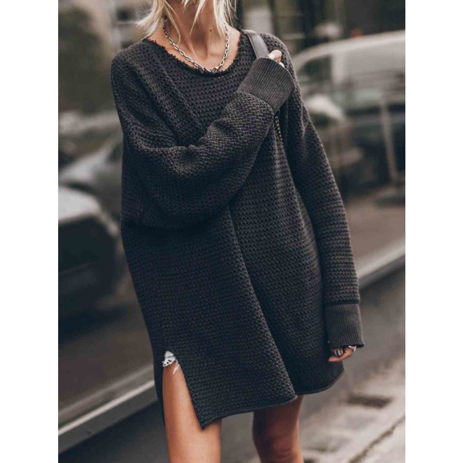 Openwork Round Neck Long Sleeve Slit Sweater Black / S