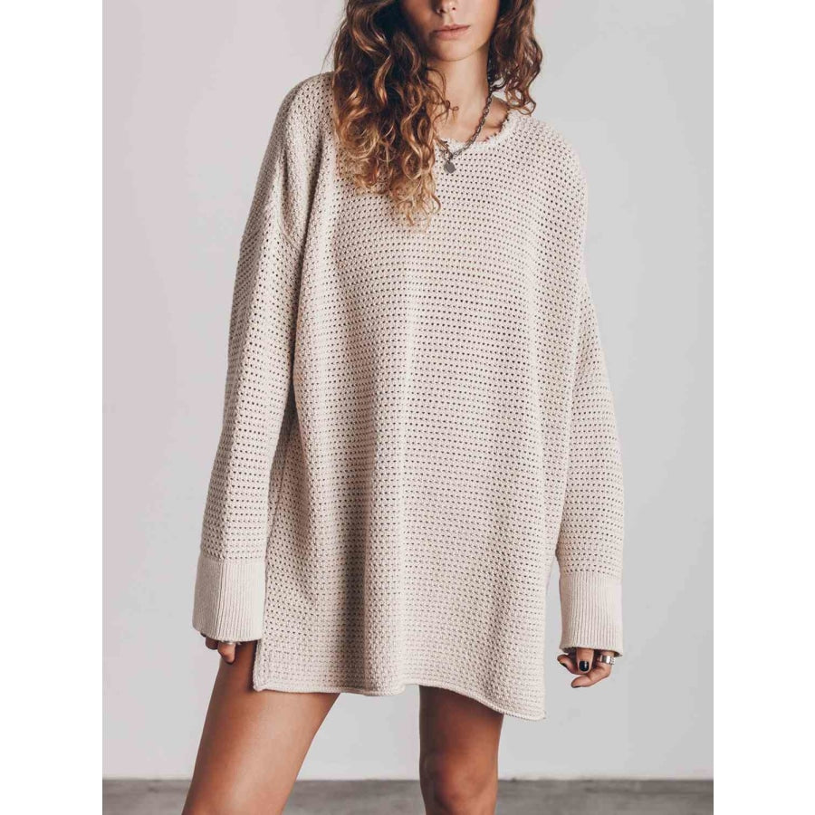 Openwork Round Neck Long Sleeve Slit Sweater