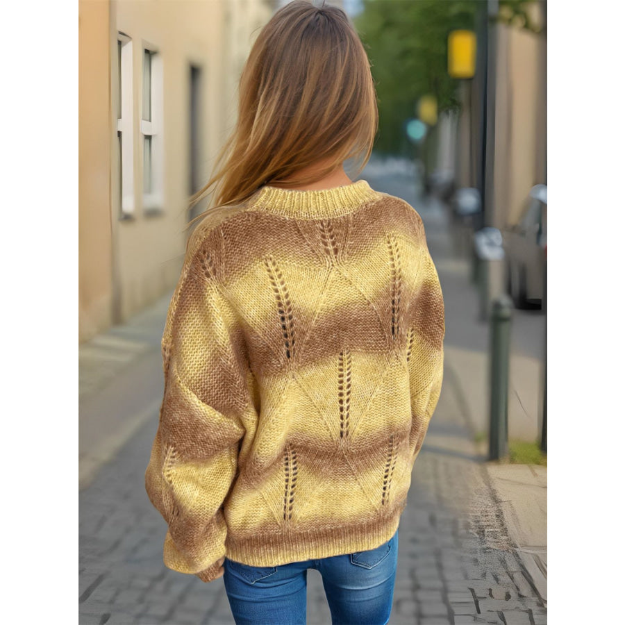 Openwork Round Neck Long Sleeve Sweater Apparel and Accessories