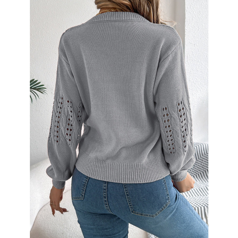 Openwork Round Neck Long Sleeve Sweater Apparel and Accessories