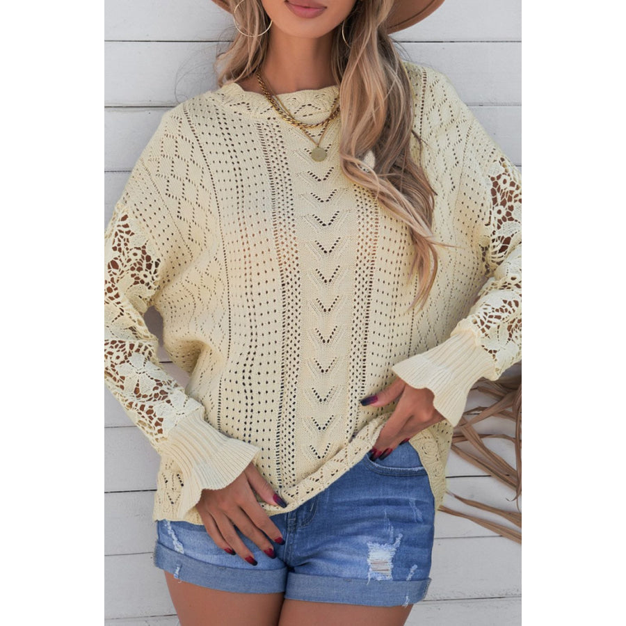 Openwork Round Neck Long Sleeve Sweater Beige / S Apparel and Accessories