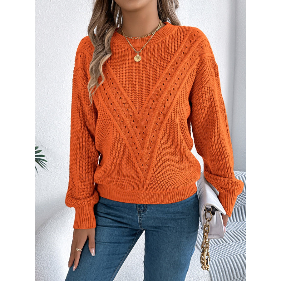 Openwork Round Neck Long Sleeve Sweater Apparel and Accessories