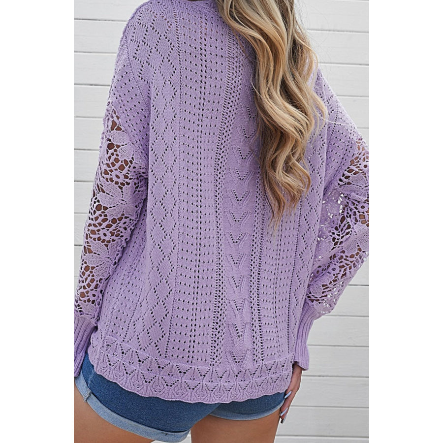 Openwork Round Neck Long Sleeve Sweater Apparel and Accessories