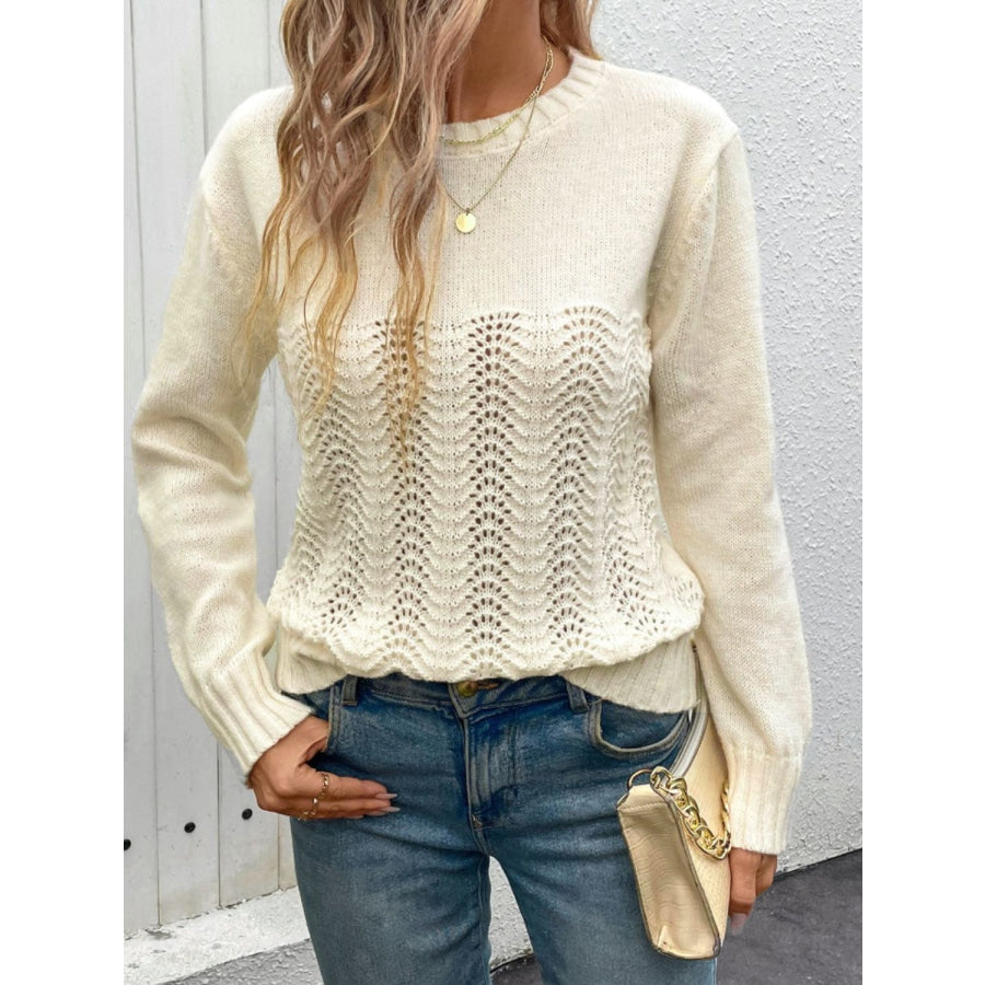 Openwork Round Neck Long Sleeve Sweater Apparel and Accessories