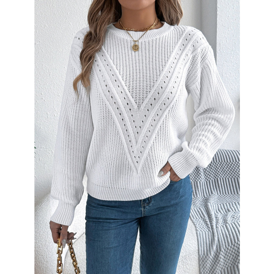 Openwork Round Neck Long Sleeve Sweater Apparel and Accessories