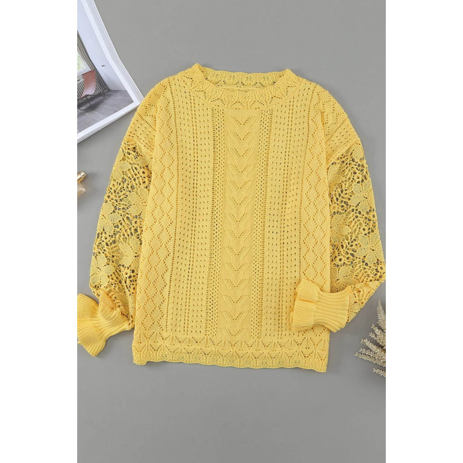 Openwork Round Neck Long Sleeve Sweater Apparel and Accessories