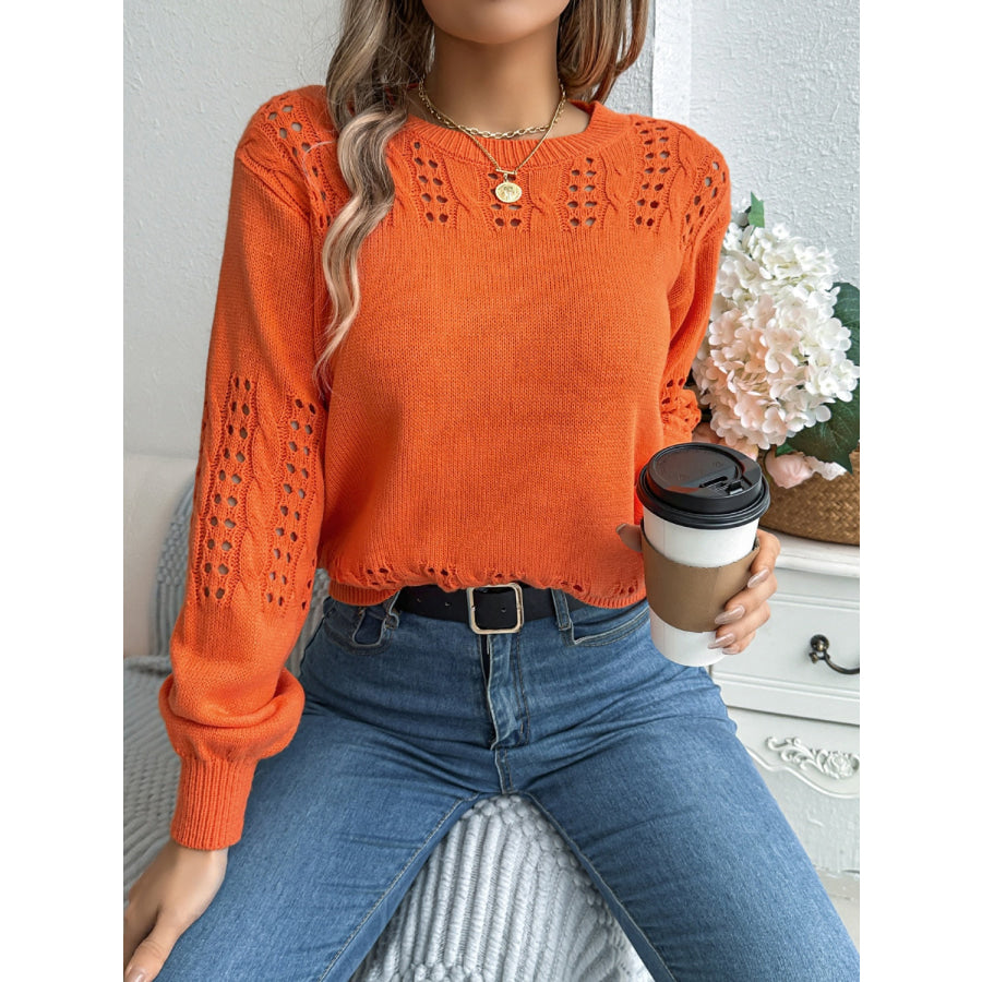 Openwork Round Neck Long Sleeve Sweater Apparel and Accessories