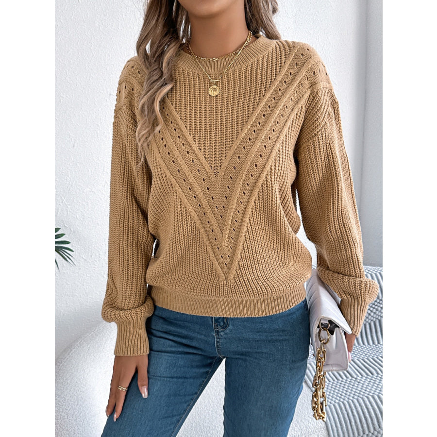 Openwork Round Neck Long Sleeve Sweater Apparel and Accessories