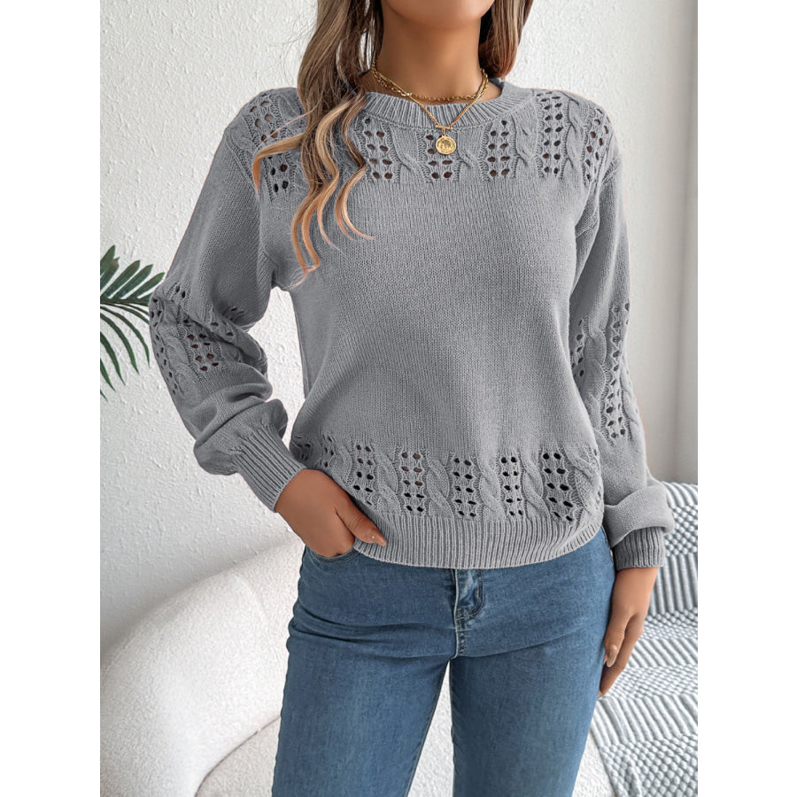 Openwork Round Neck Long Sleeve Sweater Apparel and Accessories