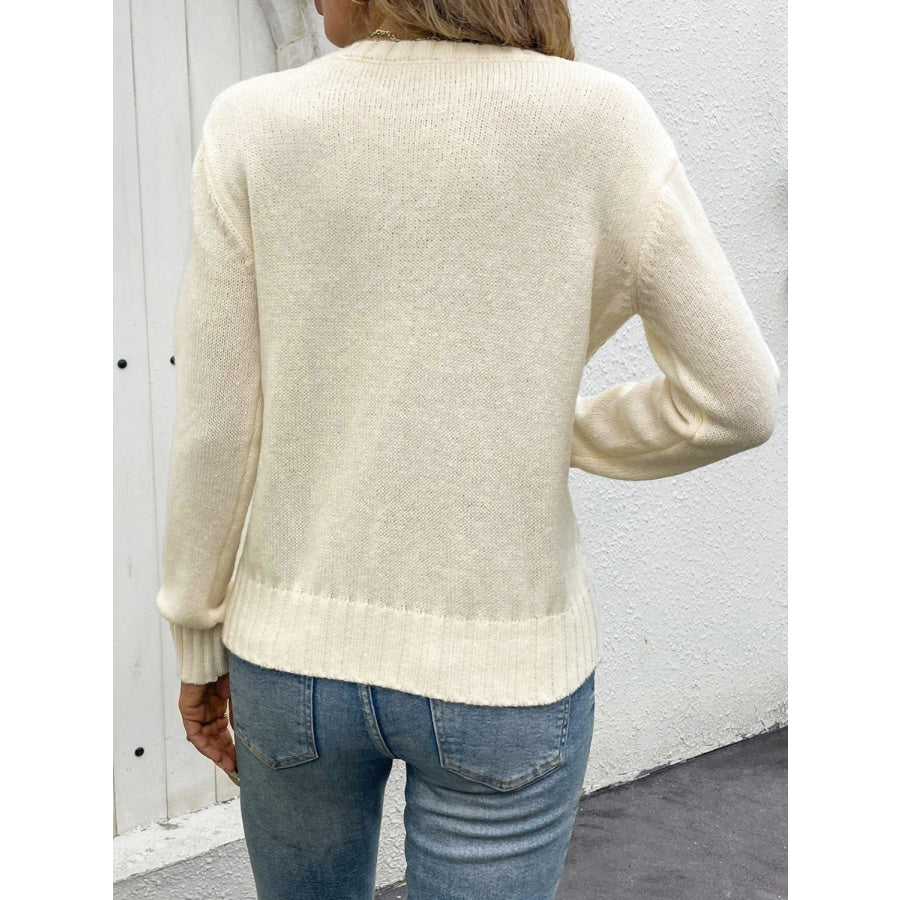 Openwork Round Neck Long Sleeve Sweater Apparel and Accessories