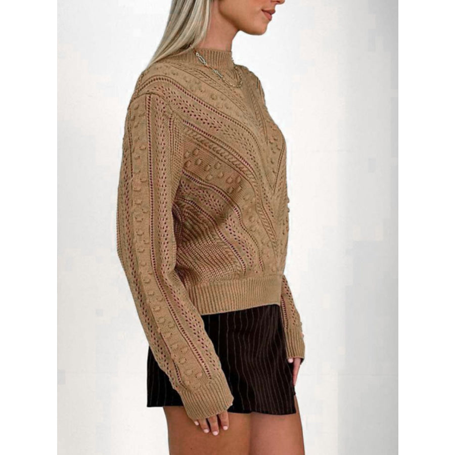 Openwork Round Neck Long Sleeve Sweater Apparel and Accessories