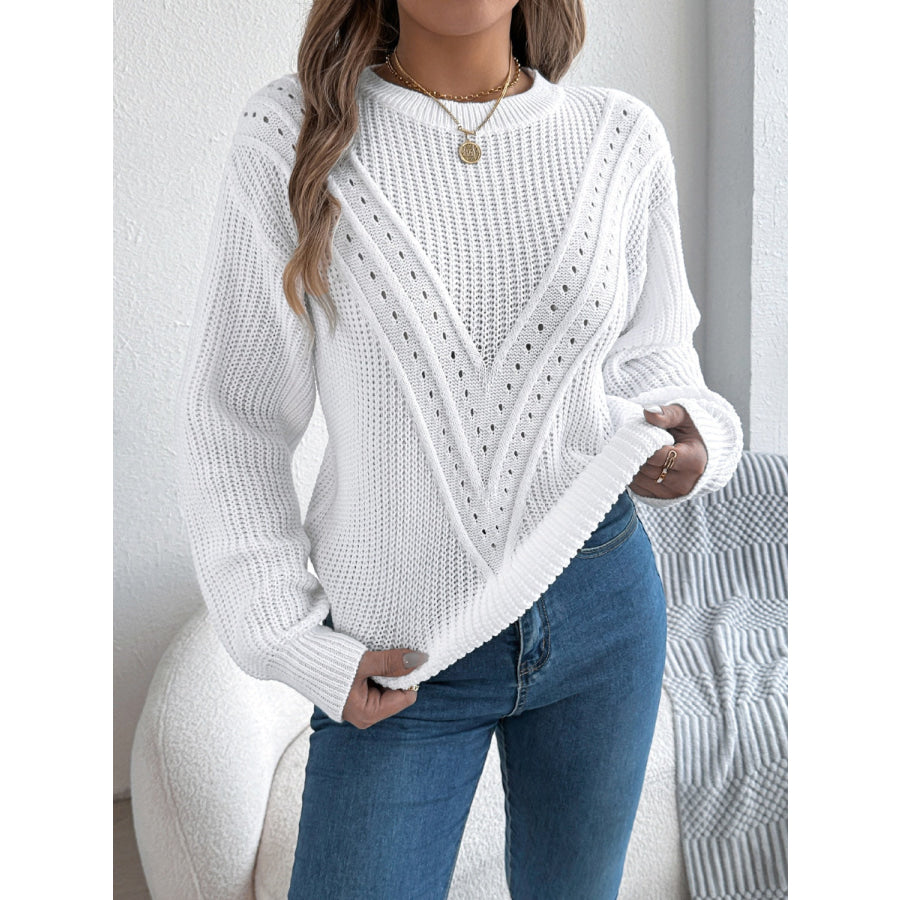 Openwork Round Neck Long Sleeve Sweater Apparel and Accessories