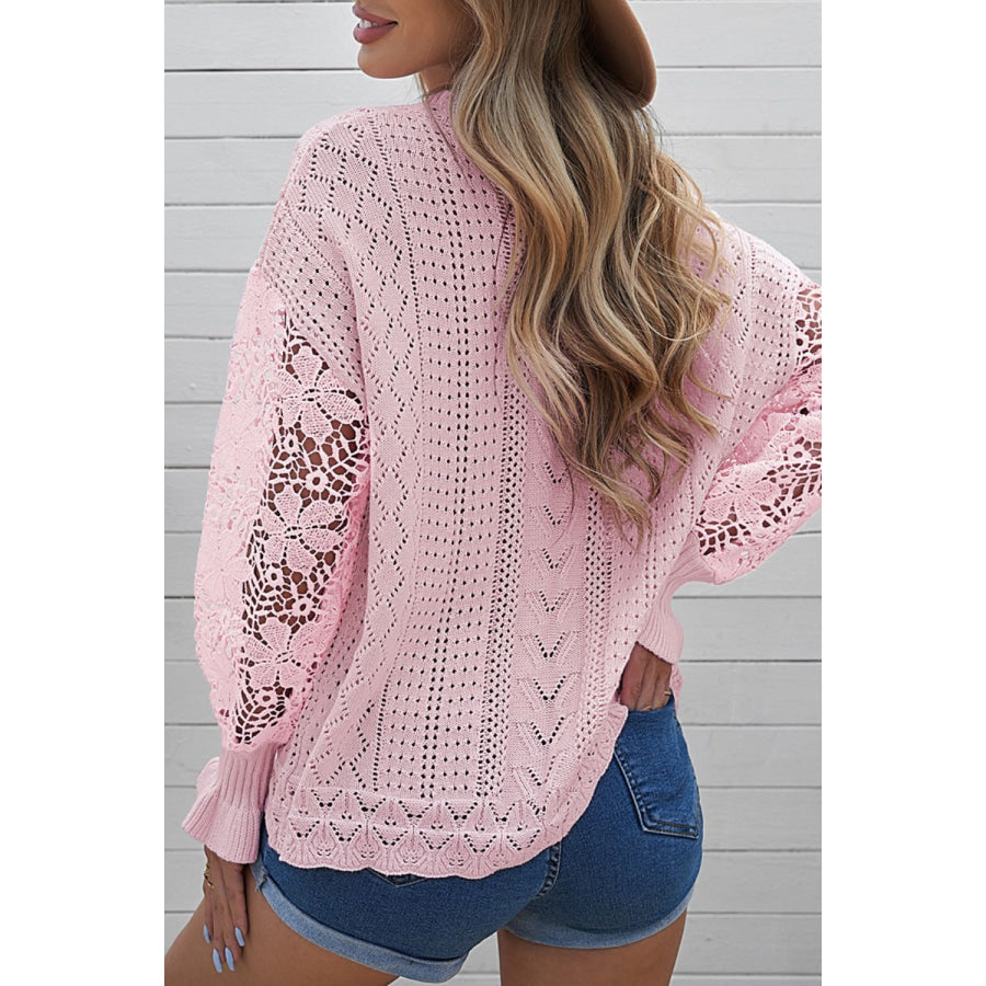 Openwork Round Neck Long Sleeve Sweater Apparel and Accessories