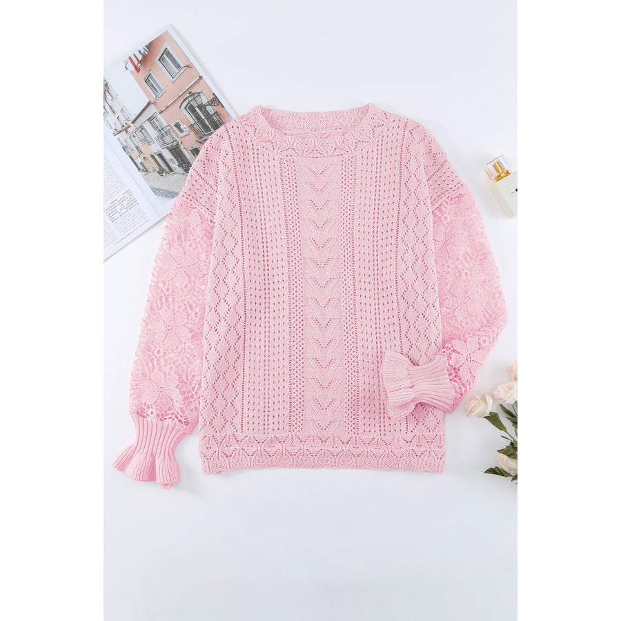 Openwork Round Neck Long Sleeve Sweater Apparel and Accessories