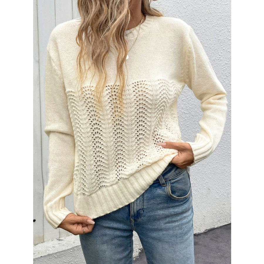 Openwork Round Neck Long Sleeve Sweater Apparel and Accessories