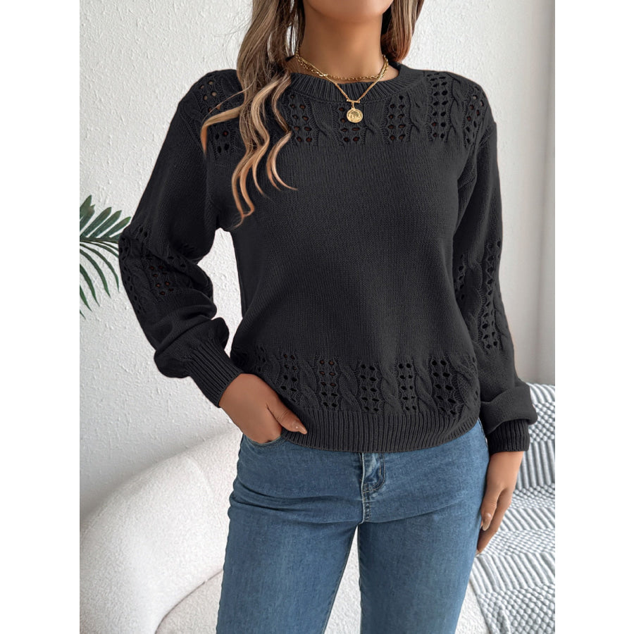 Openwork Round Neck Long Sleeve Sweater Apparel and Accessories