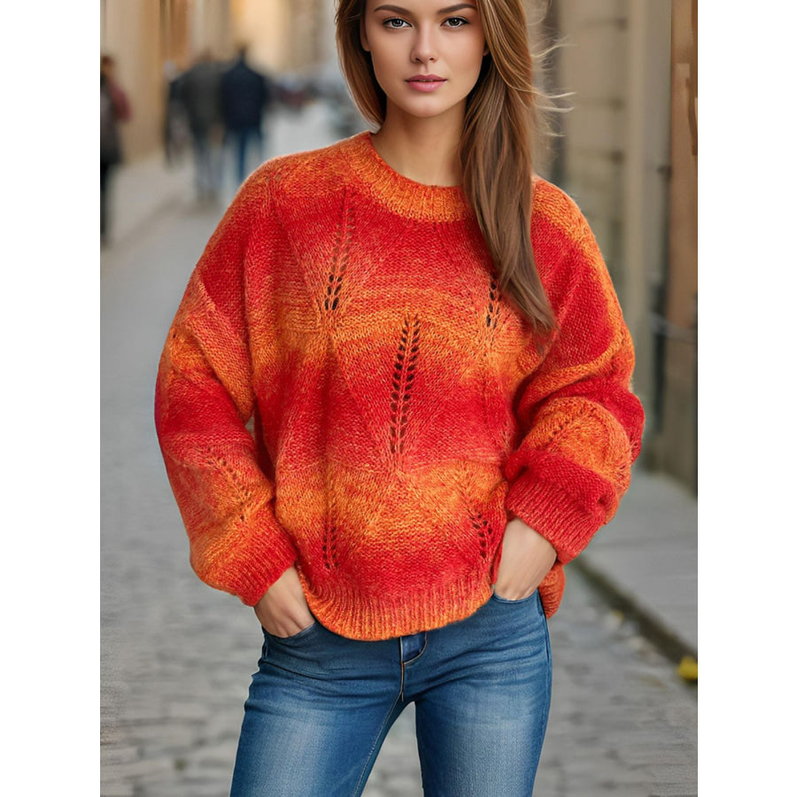 Openwork Round Neck Long Sleeve Sweater Apparel and Accessories