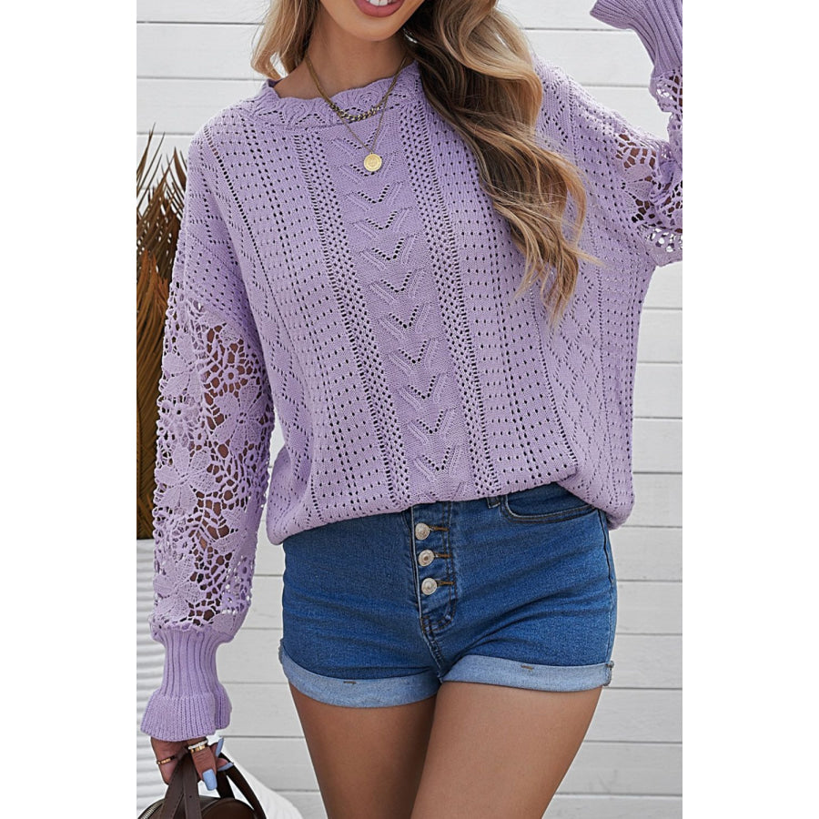 Openwork Round Neck Long Sleeve Sweater Apparel and Accessories