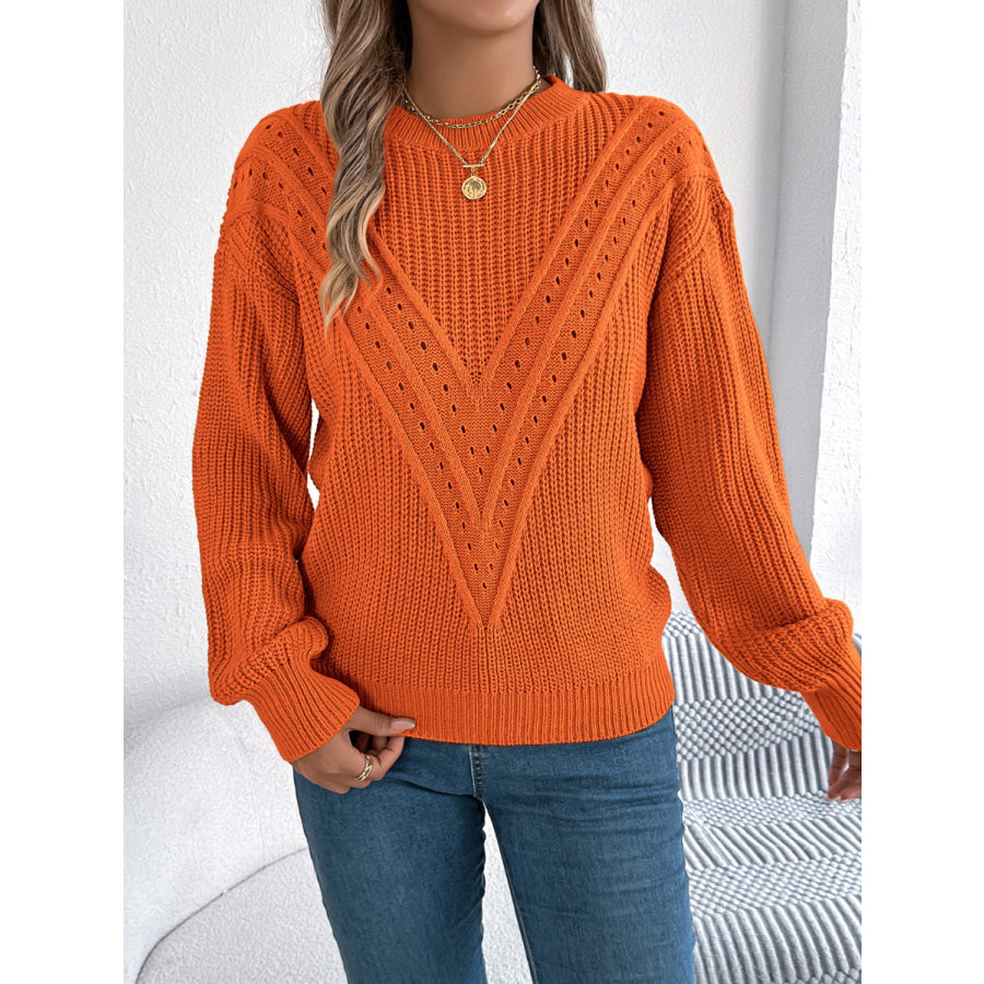 Openwork Round Neck Long Sleeve Sweater Apparel and Accessories