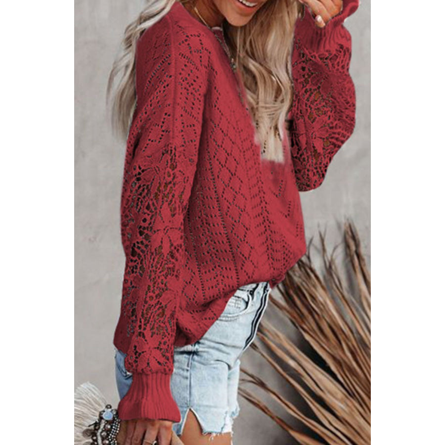 Openwork Round Neck Long Sleeve Sweater Apparel and Accessories