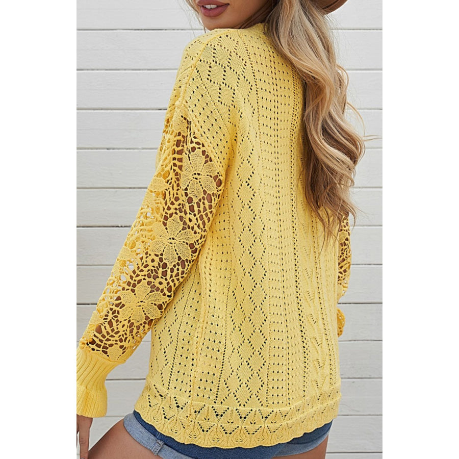 Openwork Round Neck Long Sleeve Sweater Apparel and Accessories