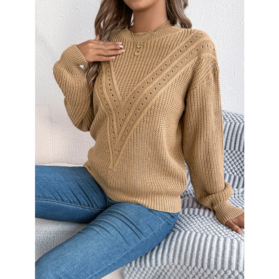 Openwork Round Neck Long Sleeve Sweater Apparel and Accessories