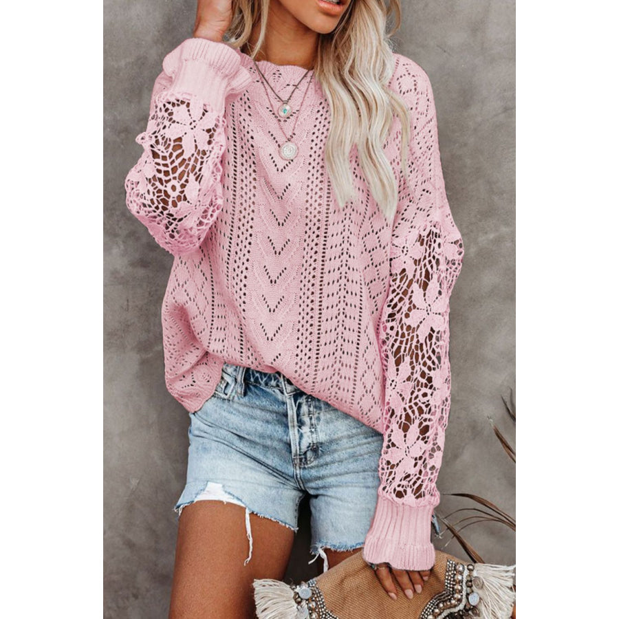 Openwork Round Neck Long Sleeve Sweater Apparel and Accessories