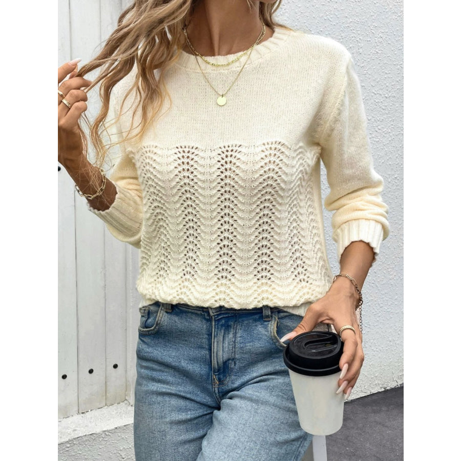 Openwork Round Neck Long Sleeve Sweater Apparel and Accessories