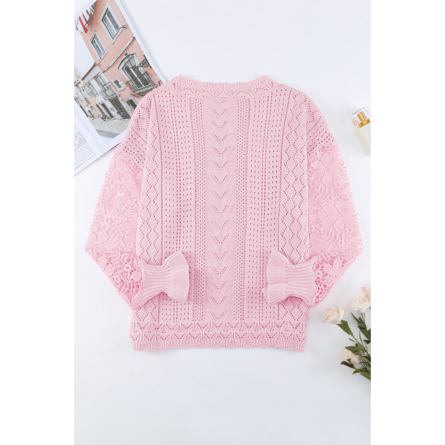 Openwork Round Neck Long Sleeve Sweater Apparel and Accessories