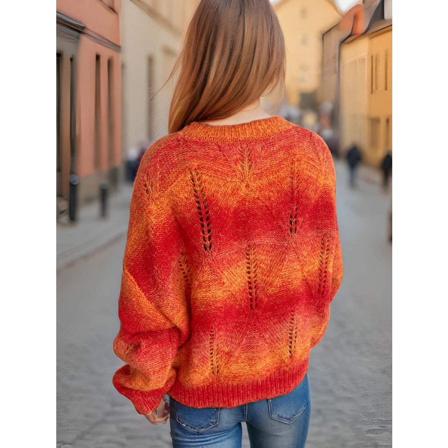 Openwork Round Neck Long Sleeve Sweater Apparel and Accessories