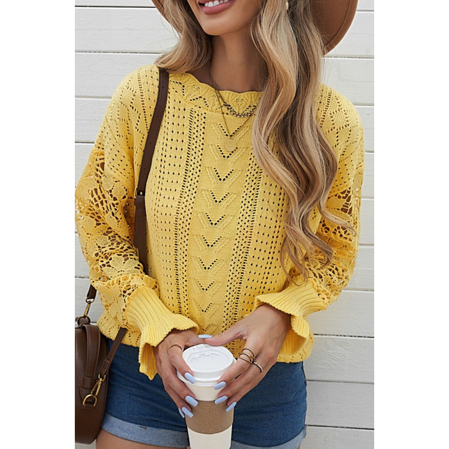 Openwork Round Neck Long Sleeve Sweater Apparel and Accessories