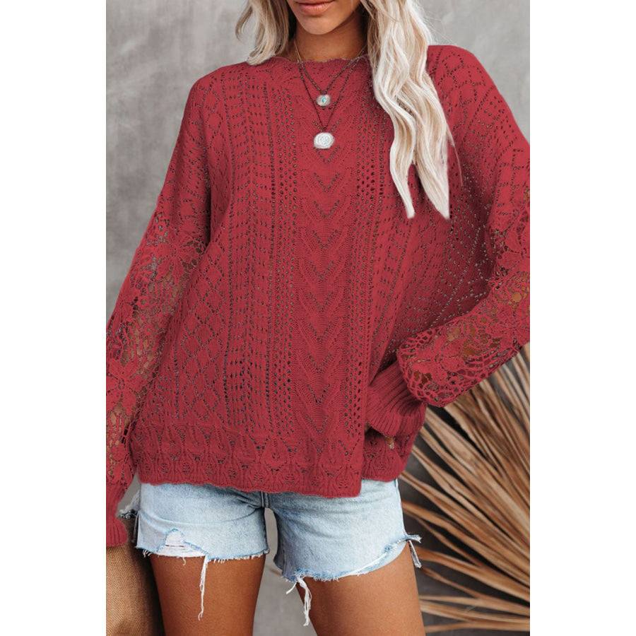 Openwork Round Neck Long Sleeve Sweater Apparel and Accessories