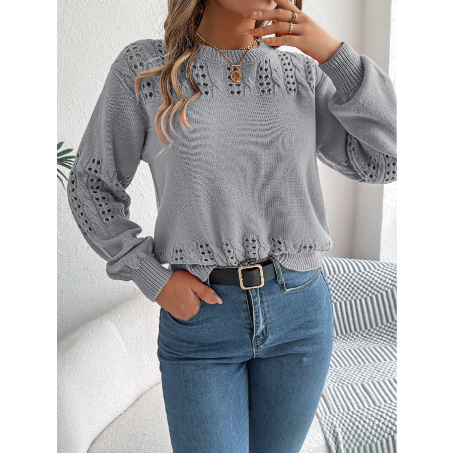 Openwork Round Neck Long Sleeve Sweater Apparel and Accessories