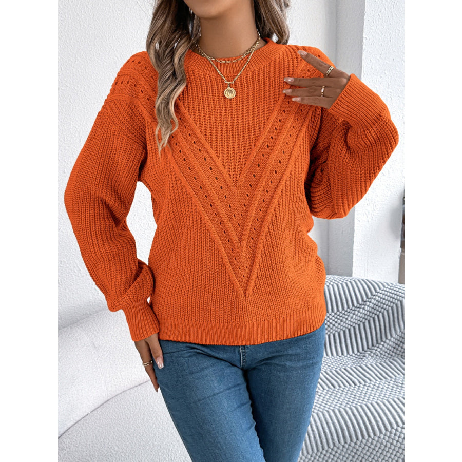 Openwork Round Neck Long Sleeve Sweater Apparel and Accessories