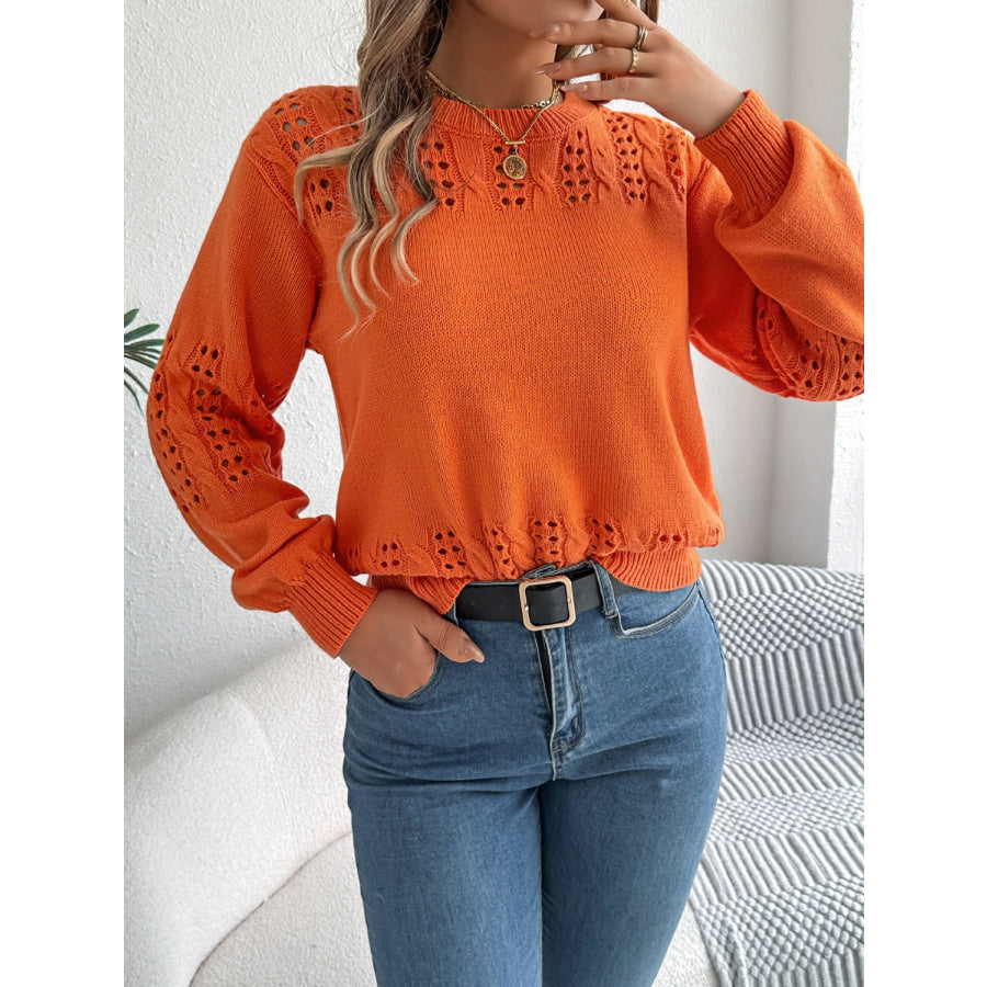 Openwork Round Neck Long Sleeve Sweater Apparel and Accessories