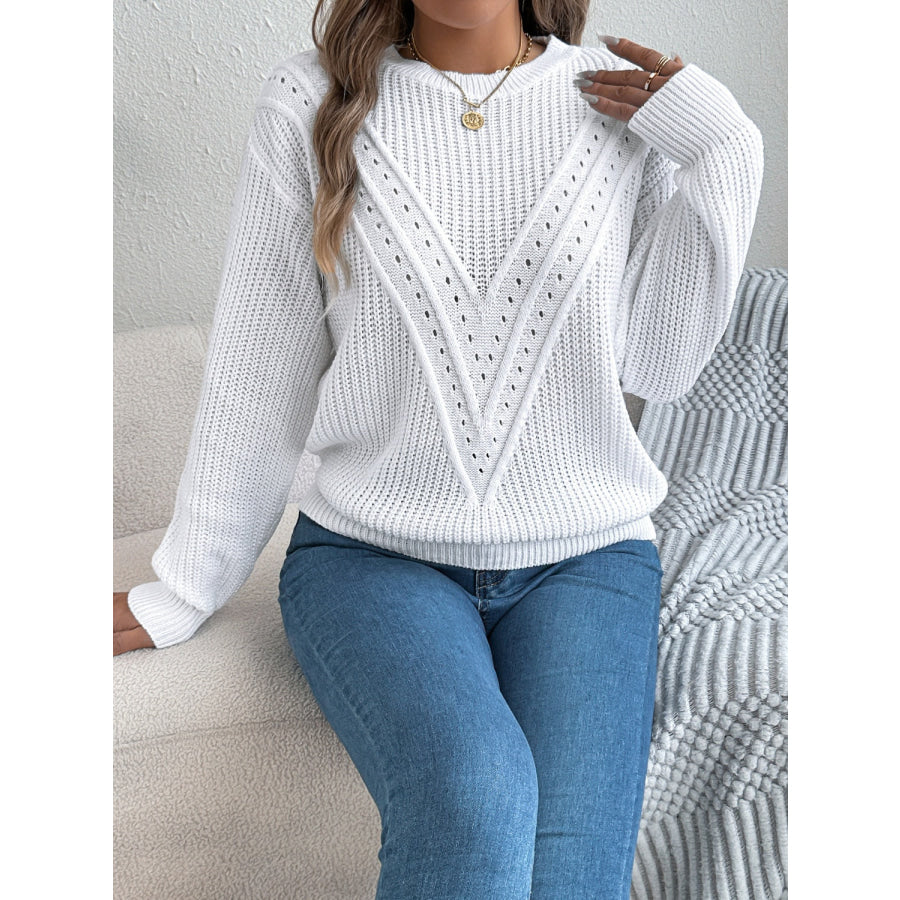 Openwork Round Neck Long Sleeve Sweater Apparel and Accessories