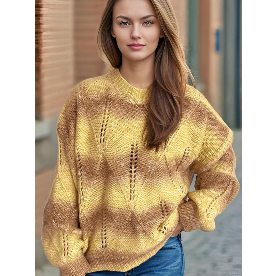 Openwork Round Neck Long Sleeve Sweater Apparel and Accessories