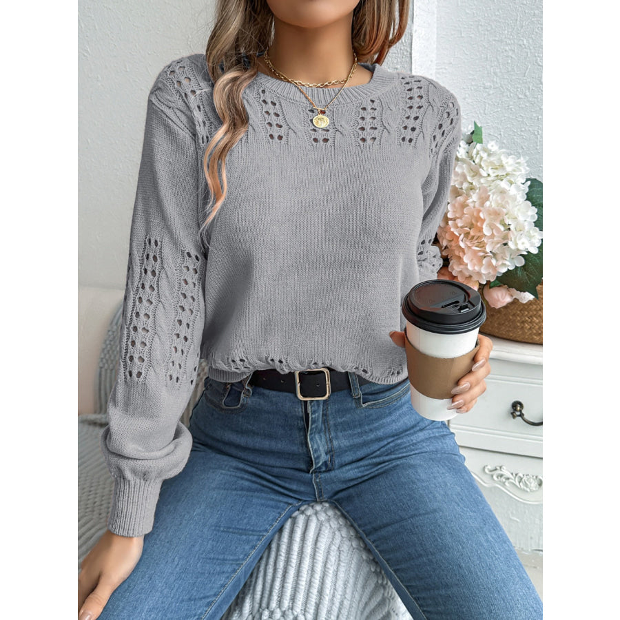 Openwork Round Neck Long Sleeve Sweater Apparel and Accessories