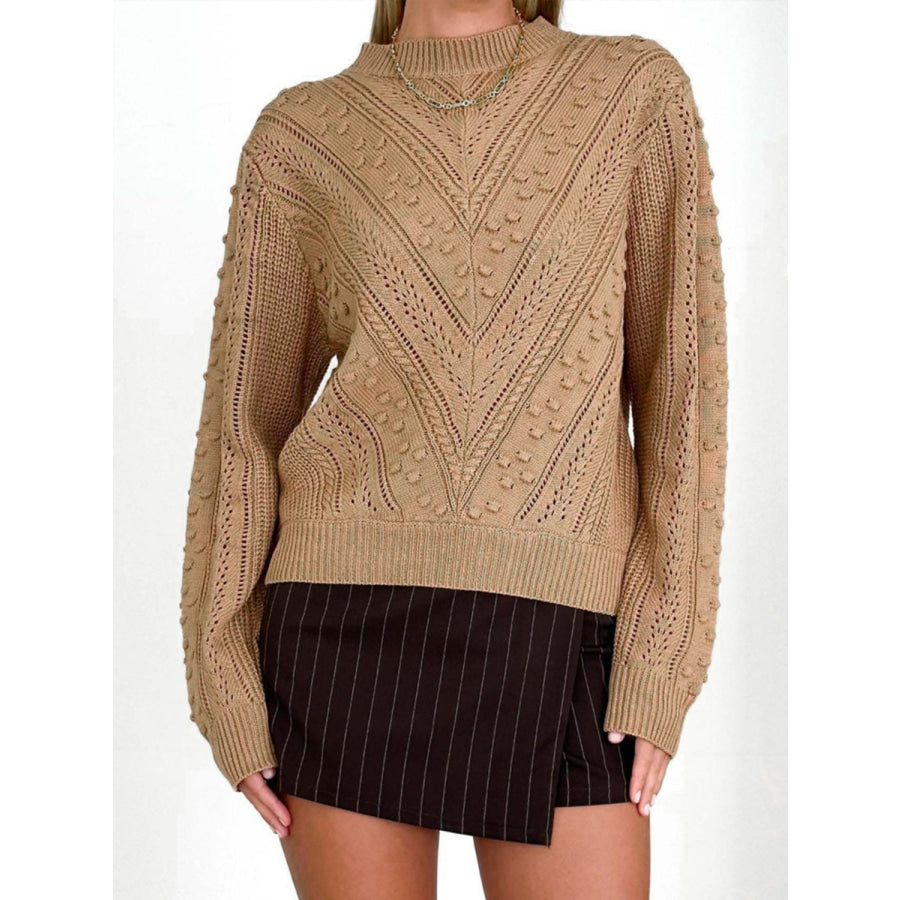 Openwork Round Neck Long Sleeve Sweater Apparel and Accessories